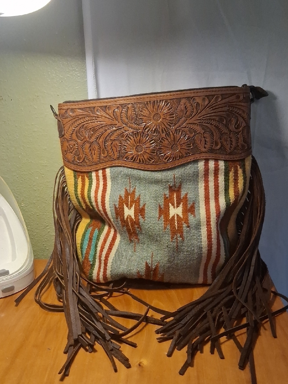 American Darling Boho Fringed Southwestern Tote Bag - Tan Leather & Multicolor